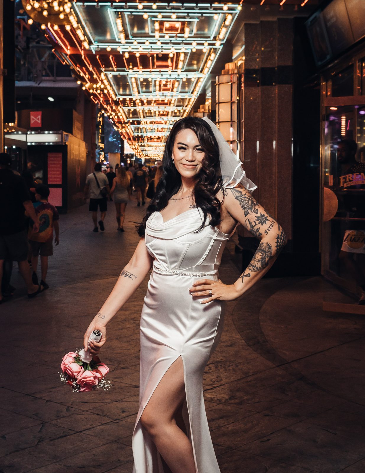 Bride under the Fremont canopy lights