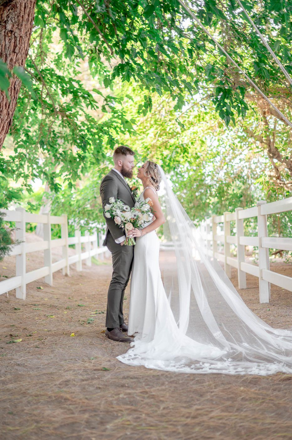 Full-length veil portrait of the bride and groom under the trees